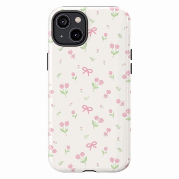 Soft Pink Tulip Floral Phone Case, Aesthetic Bows & Mini Blooms, Spring Vibe Phone Cover for iPhone 16 15 14 13 12 11