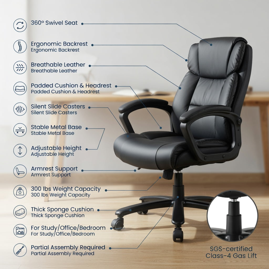 Spaco Big & Tall 400lb PU Leather Massage Office Chair-Black, Home Office Computer Desk Chair, Ergonomic Office Chair for Bedroom,Study