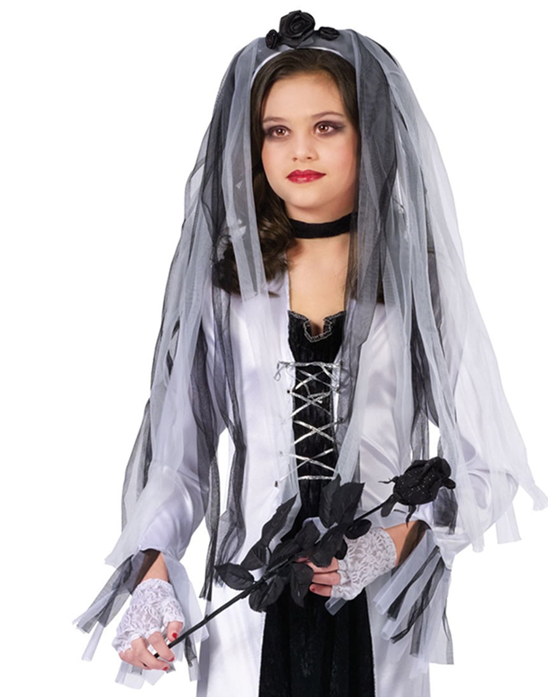 Megartico Women Halloween Ghost Bride Dress Gothic Skeleton-Printed Dress with Veil Costume