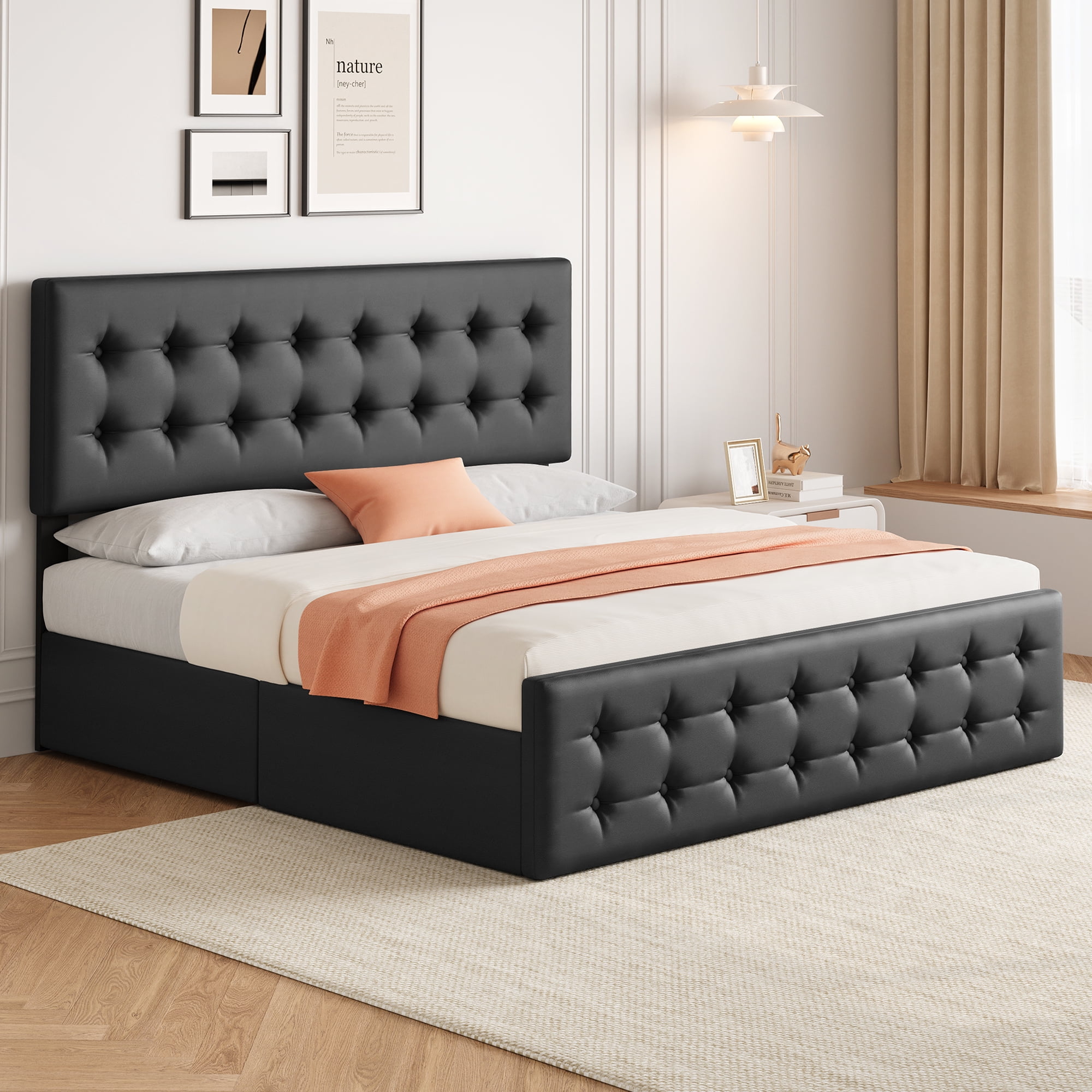 Huisuilinss Linen Upholstered Platform Bed Frame Queen Size Bed Frame With Button Tufted Design Headboard Full Size Bed Frame With 4 Storage Drawers Wooden Slats Support No Box Spring Needed