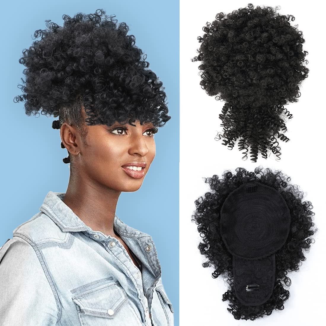 PIUIOLU Afro Puff Drawstring Ponytail with Curly Hair Clip in Bangs Short Natural  Hair Ponytail Extension for Black Women|(1B#) 