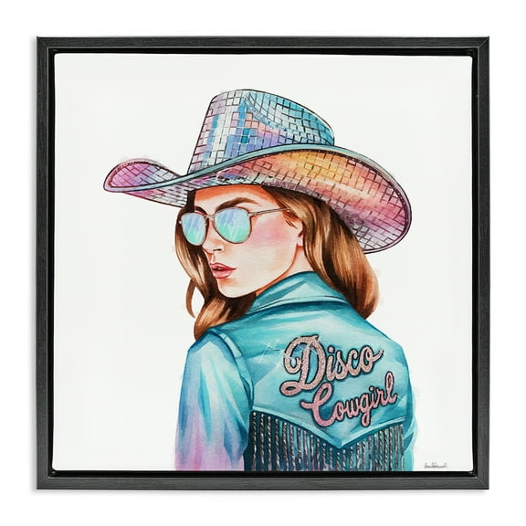 Stupell Industries Disco Cowgirl Portrait People Painting Black Floater Framed Canvas Art Print Wall Art, 18 x 18