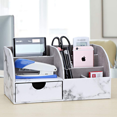 thumbnail image 2 of KINGFOM Office Desktop Organizer, 7 Storage Compartments PU Leather Stationery Storage Box Office Supplies Organizer, Holder for Pen/Business Card/Stapler/Cellphone/Remote Control (Gray Marble), 2 of 9