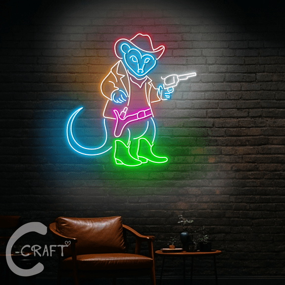 C-CRAFT Opossum Cowboy Neon Led Light Up 25 inch for Western Cowboy Home Bar Wall Decor