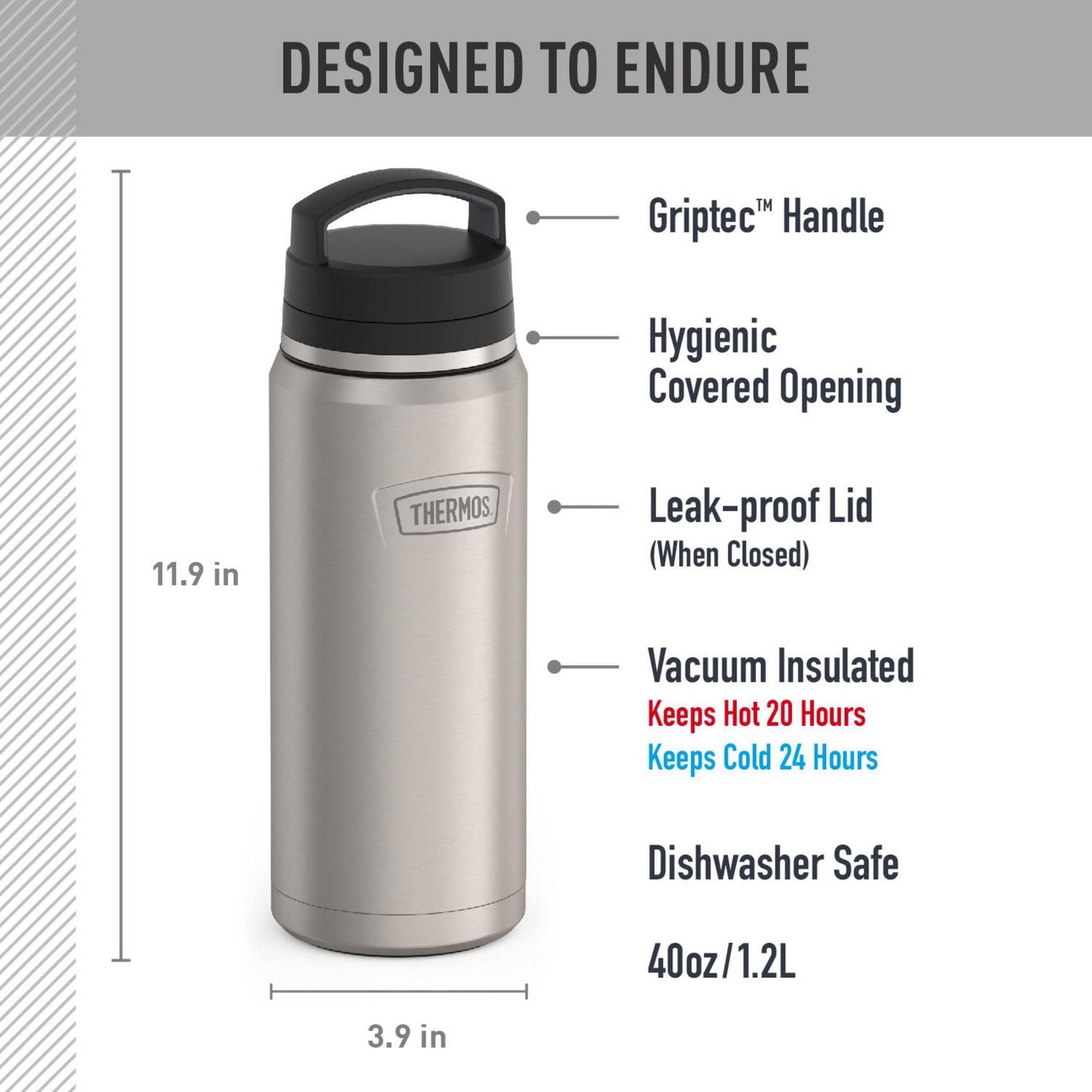 Bouteille à boissons en acier inoxydable de 40 Oz Dual Temp de Thermos ICON Bouteille 4O Oz, Gris