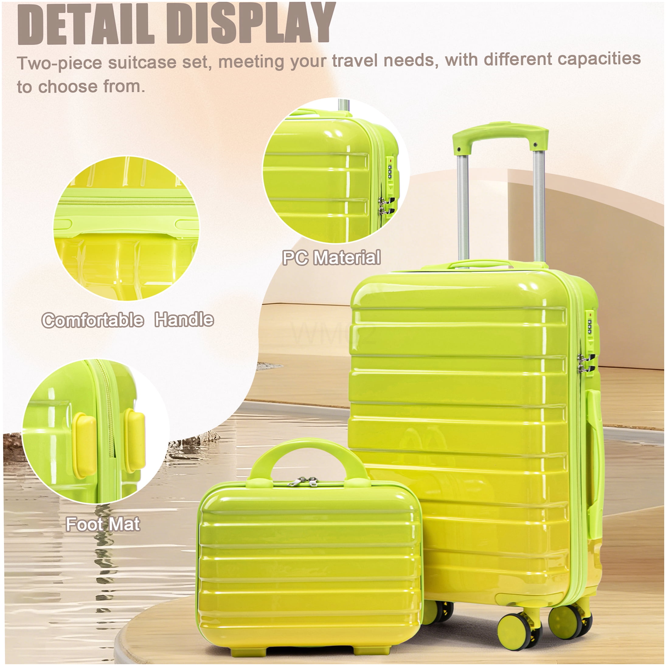 COSMOS 20 Inch &; 14 Inch Carry On Luggage Set, PC Hardside Spinner Suitcase with Lock, Gradient Color Yellow Green, 360 Degree Wheels for Men Women