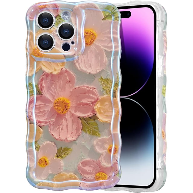 Case for iPhone 16 Pro Max, Colorful Retro Oil Painting Printed Flower Laser Glossy Pattern Cute Curly Wave Edge Exquisite Phone Cover Stylish Durable TPU Protective Case for Girl Women-Green,Green