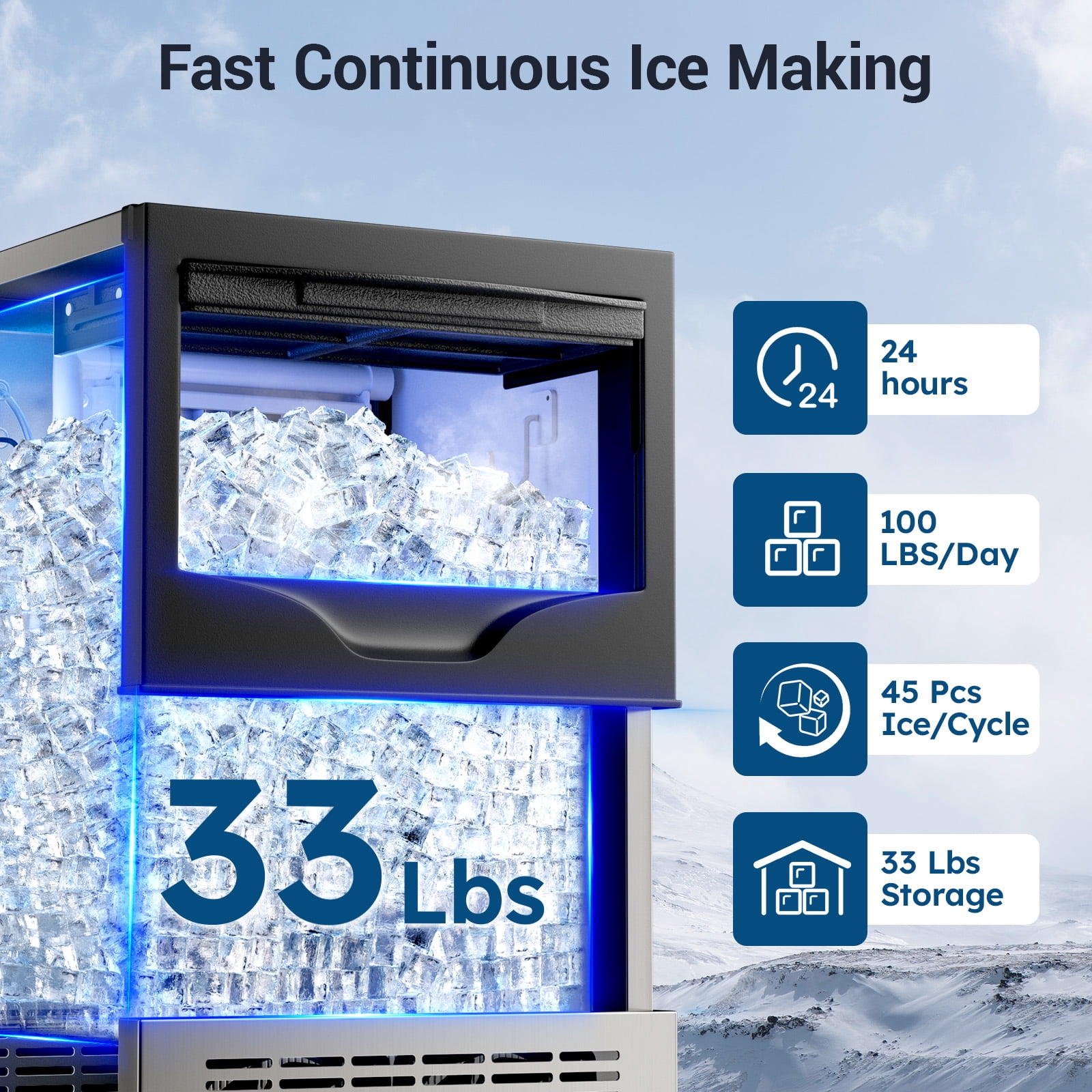 Ecojoy Commercial Ice Maker, 100Lbs/24H Under Counter Ice Machine, 33LBS Storage Bin