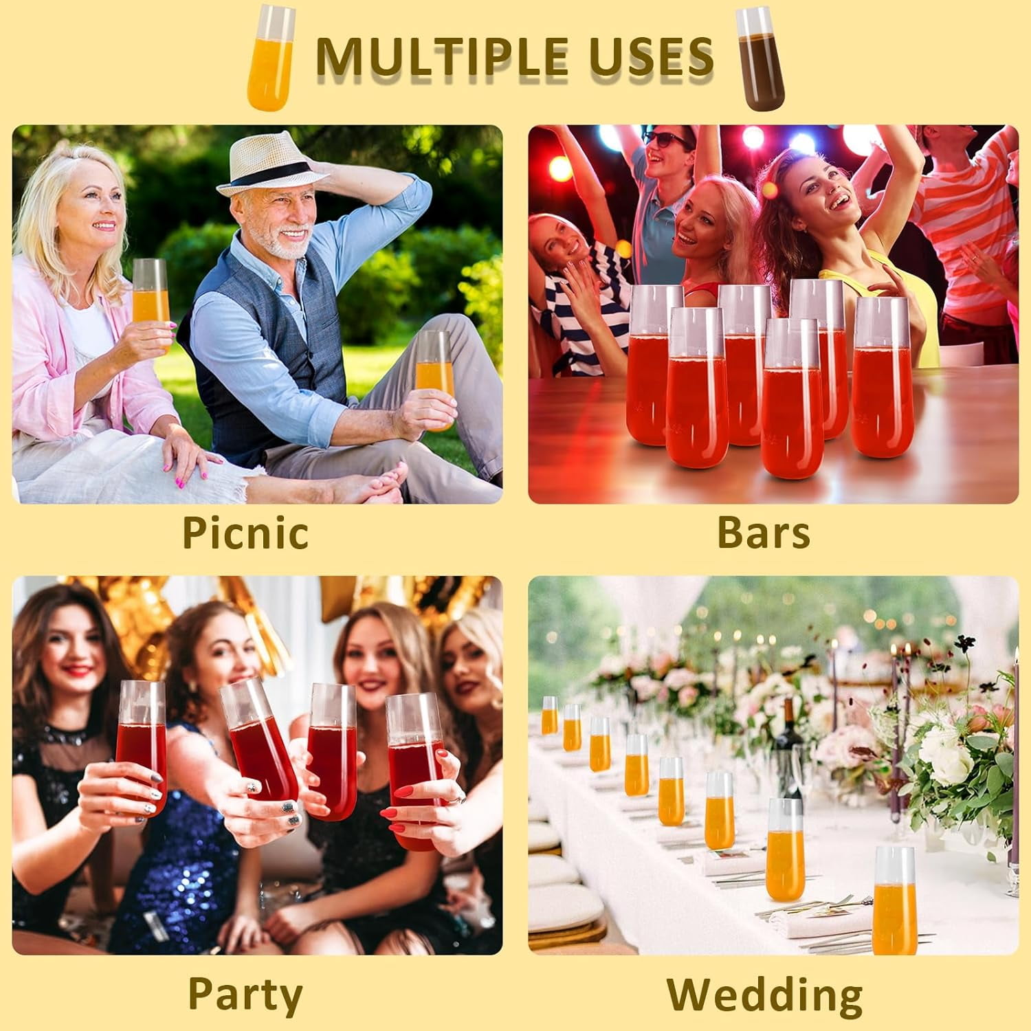 24 Pack Plastic Champagne Flutes,9 Oz Stemless Champagne Flutes,Disposable Clear Plastic Toasting Glasses,Mimosa Glasses for Wedding, Birthday, Parties and Easter
