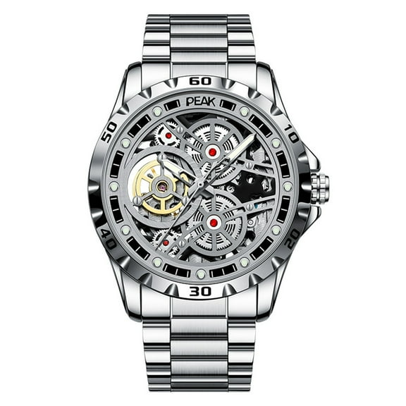 GZFCMY PEAK Vintage Skeleton Automatic Self-Winding Mechanical Movement Men Wrist Watch Business Stainless Steel Band Mineral Glass Mirror Waterproof Clock Man Luminous