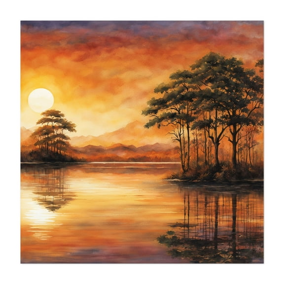 Golden Sunset Over Tranquil Lake - Painting Sunset Watercolor Landscape Lake Autumn Nature Scenic Unframed Wall Art Print 6 x 6 inches