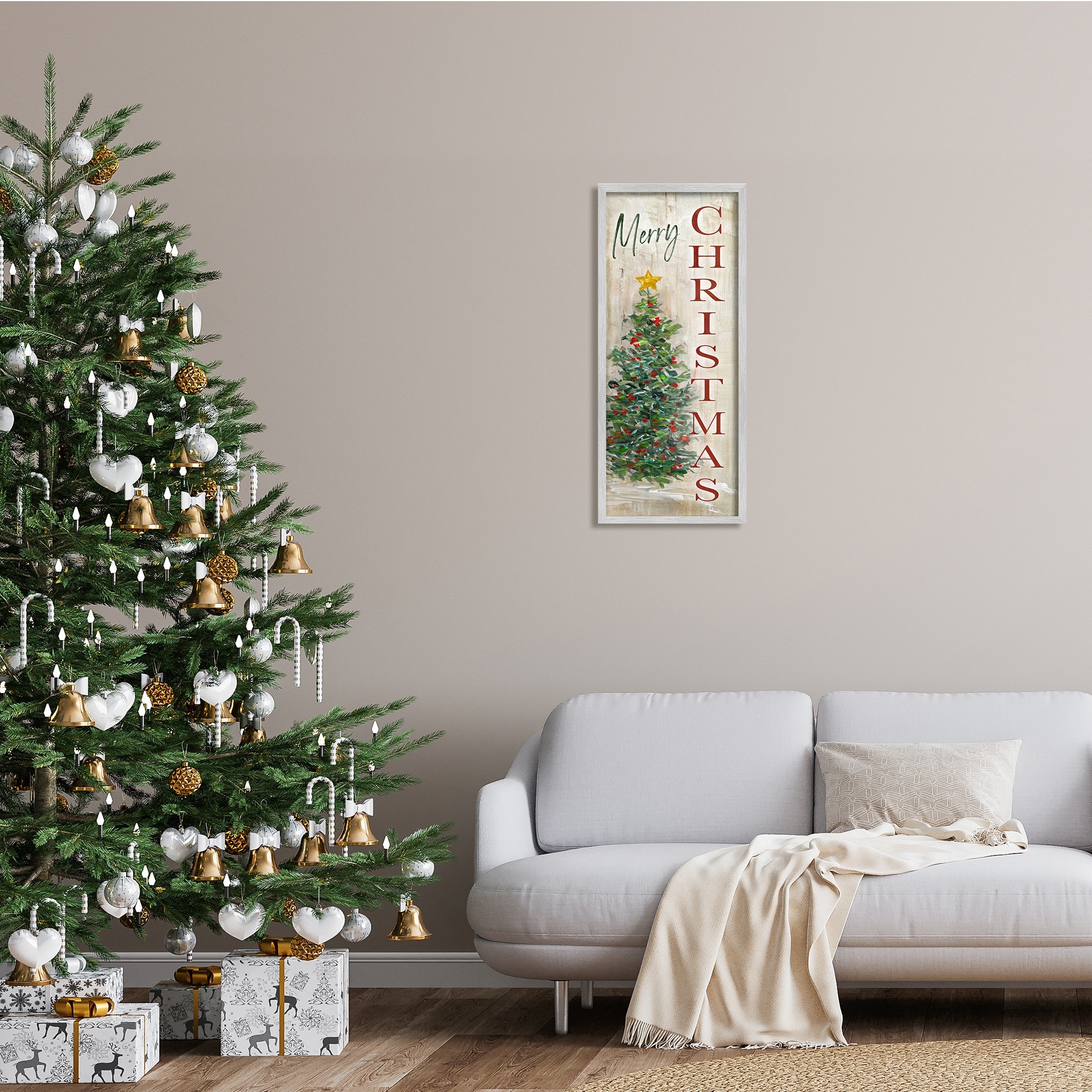 Stupell Industries Merry Christmas Greeting Festive Rustic Holiday Tree, 13 x 30, Design by Sally Swatland