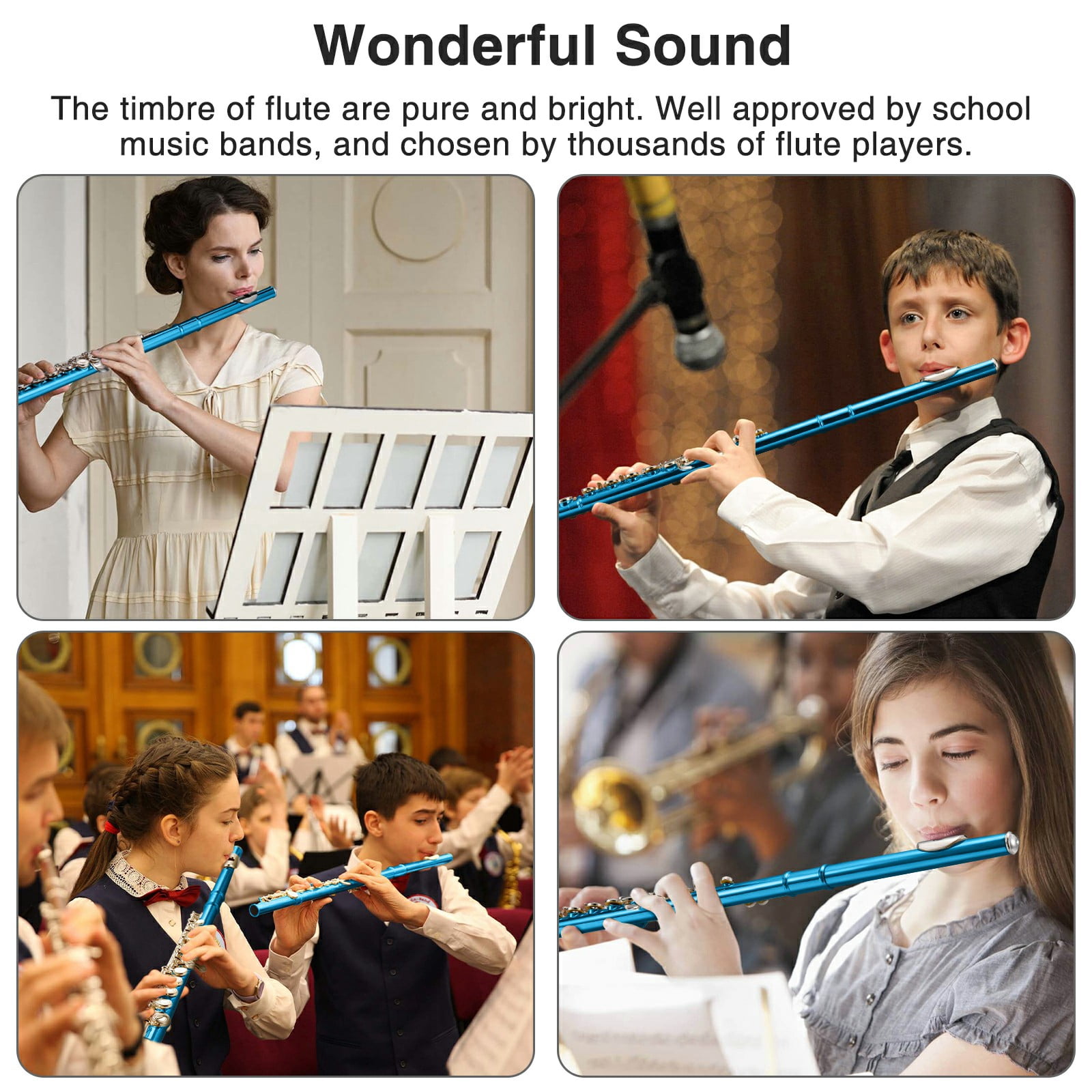POGOLAB Blue Flutes, Closed Hole C 16 Keys Flute Instrument, Student Flute for Beginner Advanced Player with Flute Cleaning Kit, Carry Bag, Stand, Strap, Probe Rod, Gloves