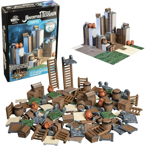 Monster Adventure Terrain- 121pc Painted Specialty Accessories & Tiles Expansion Set- Modular & Stackable 3-D Tabletop World Builder Compatible w DND Dungeons Dragons, Pathfinder, RPG Games