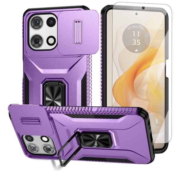 Dteck Case with Tempered Glass Screen Protector for Motorola Edge (2025),Shockproof TPU PC Slide Lens Protection Case 360° Rotated Ring Kickstand Back Cover,Purple