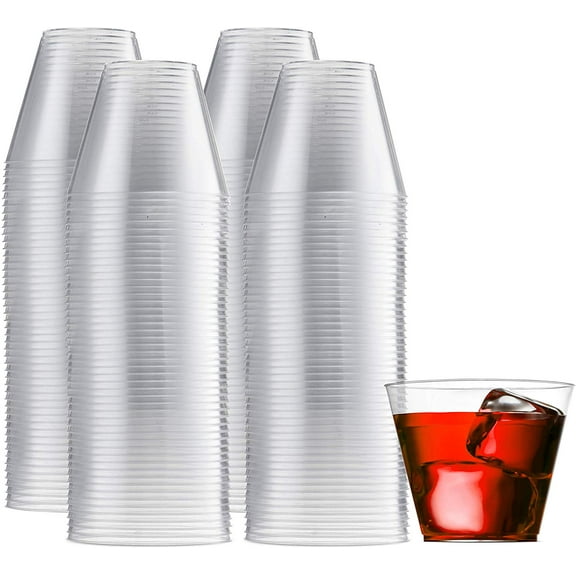 200 Clear Plastic Cups 9 Oz Old Fashioned Tumblers Fancy Disposable Wedding Party Cups Recyclable and BPA-Free