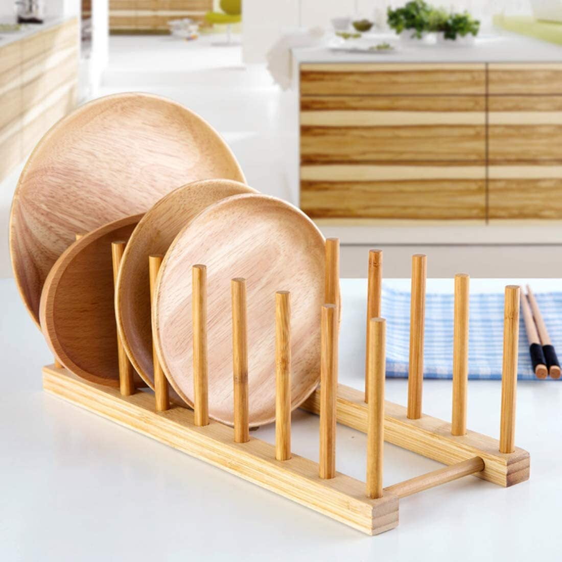 2 Pack Bamboo Wooden Dish Rack - Plate Rack Stand Pot Lid Holder, Kitchen Cabinet Organizer for Bowl, Cup, Cutting Board and More
