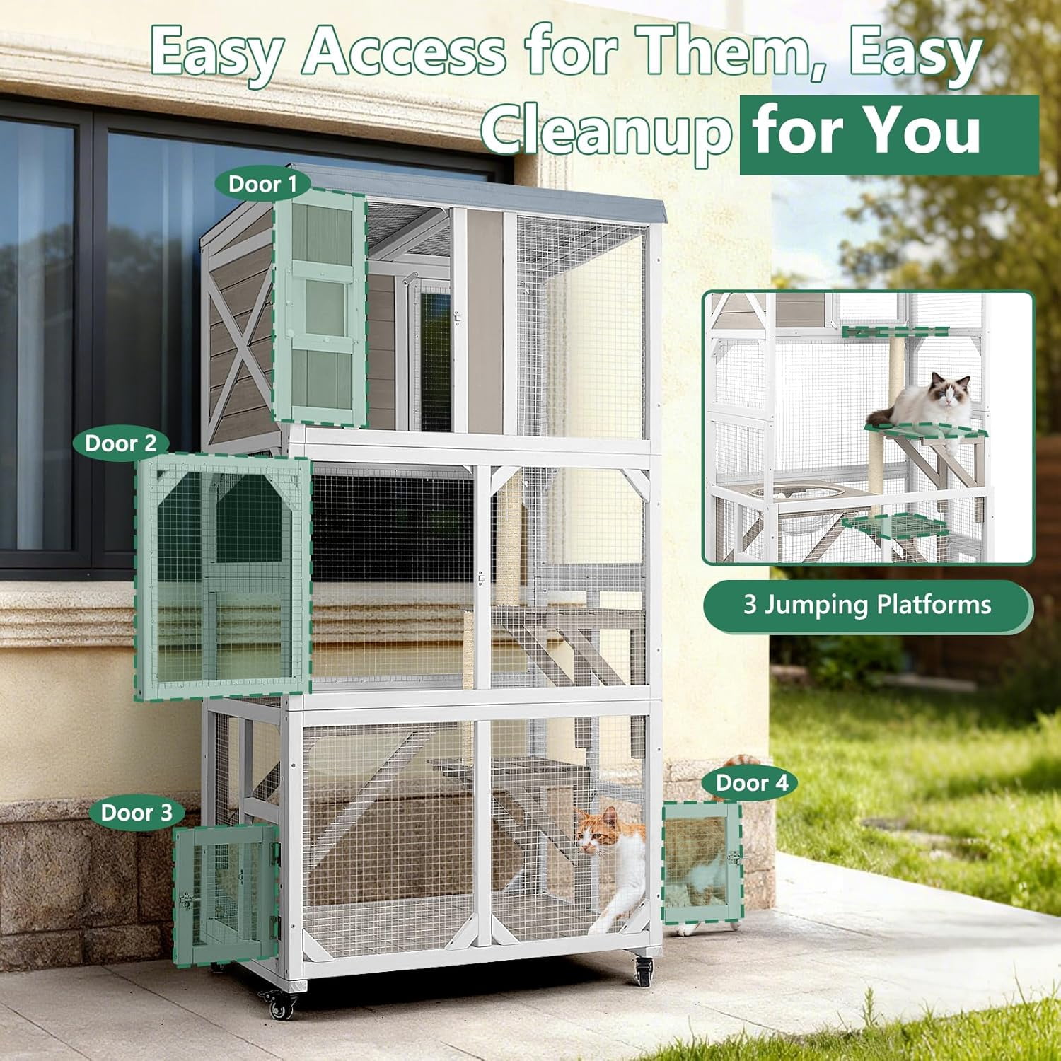 Petsblublu Outdoor Cat Enclosure with Wheels, Window Catio Large Cat House with 3 Platforms