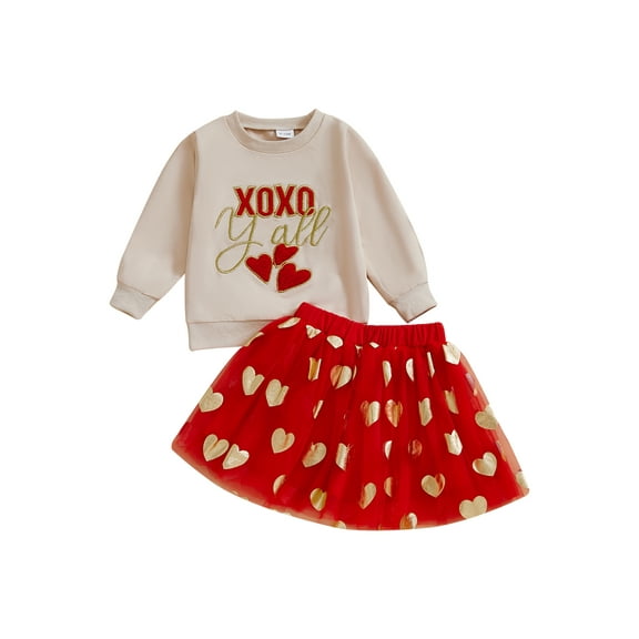 Baby Toddler Girl Valentines Day Outfit 6 12 18 24 Months 2T 3T 4T Letter Long Sleeve Sweatshirt Heart Tulle Skirt 2 Piece Clothing Set