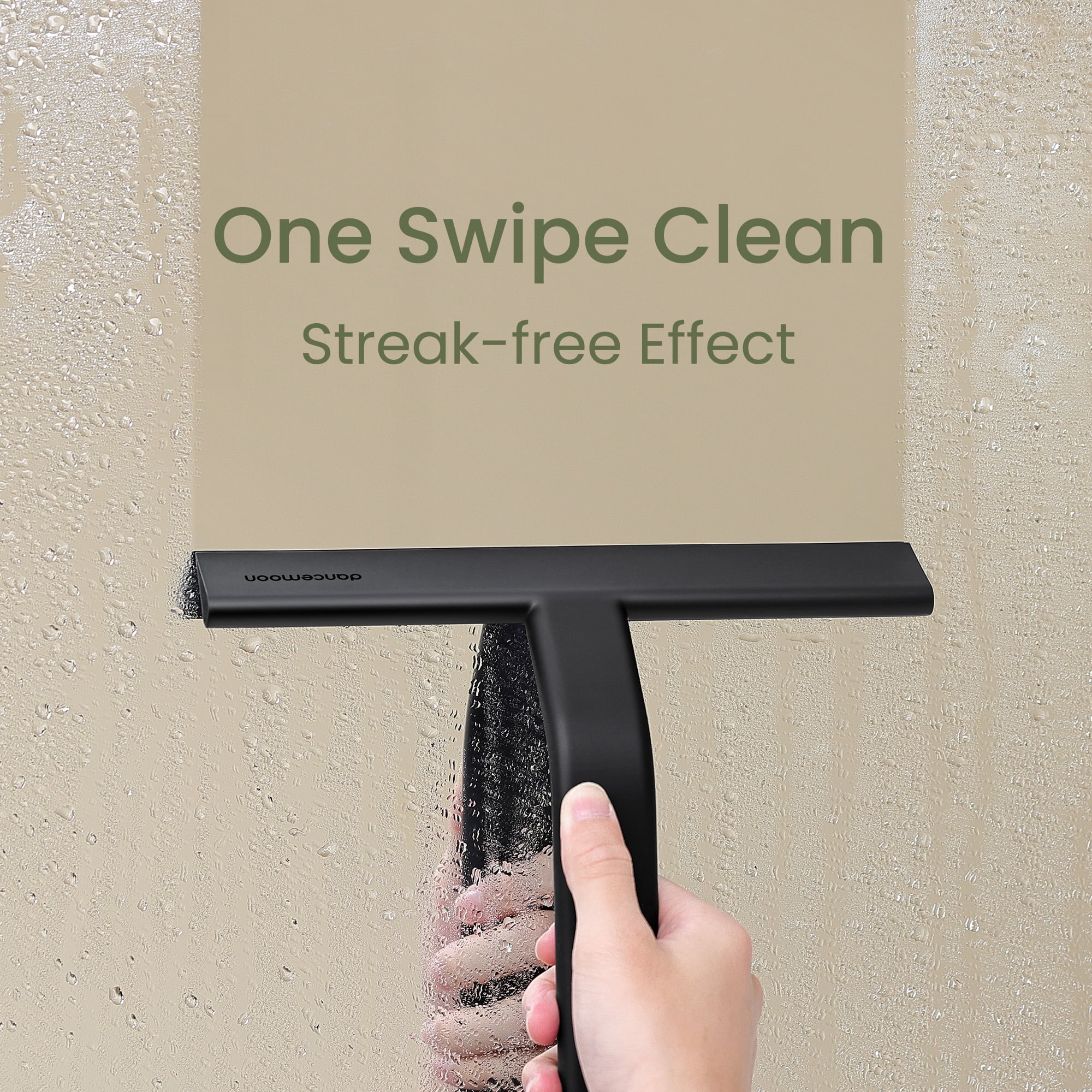 dancemoon Shower Squeegee for Glass Doors, One-Piece Soft-Touch Silicone Water Wiper with Built-in Hook for Bathroom and Tile Walls, 10-inch, Black