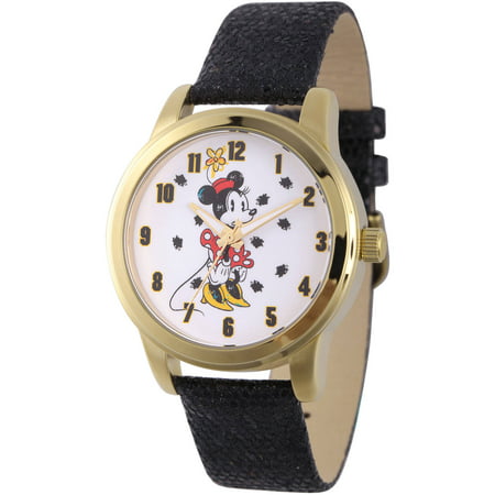 Disney Minnie Mouse Women's Gold Alloy Watch, Black Sequins Strap