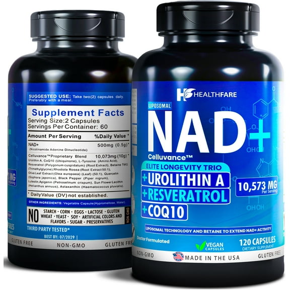 HealthFare Celluvance NAD Supplement – NMN Alternative Liposomal Formula with Urolithin A, Resveratrol, CoQ10 & Betaine – 2 Month Supply – Doctor Formulated for Extended Delivery