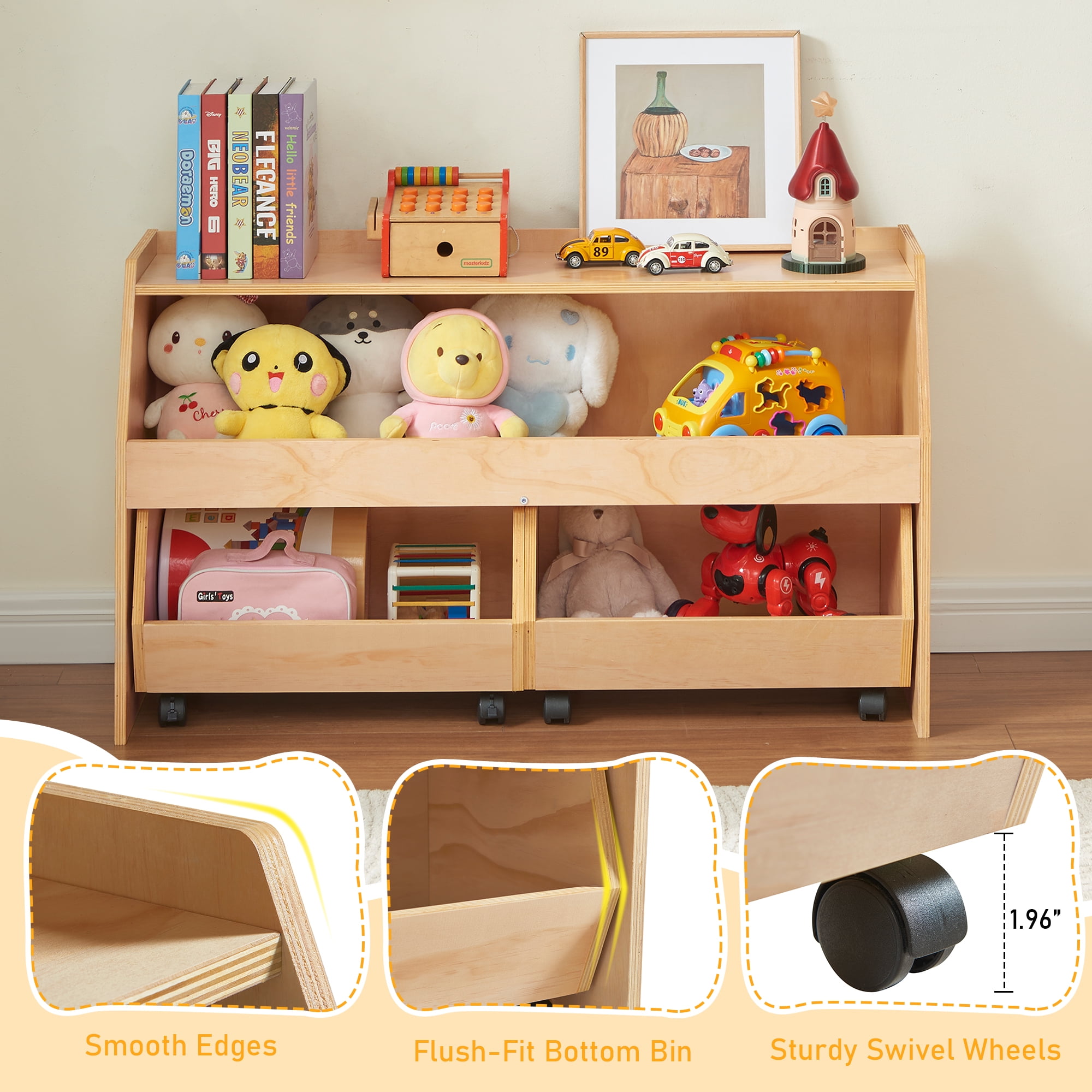 EHEY 3-in-1 Kids Toy Storage Organizer with 2 Pull-Out Drawers, 2-Tier Wooden Bookshelf with Wheels, 150LBS Capacity Montessori Shelf for Playroom, Nursery