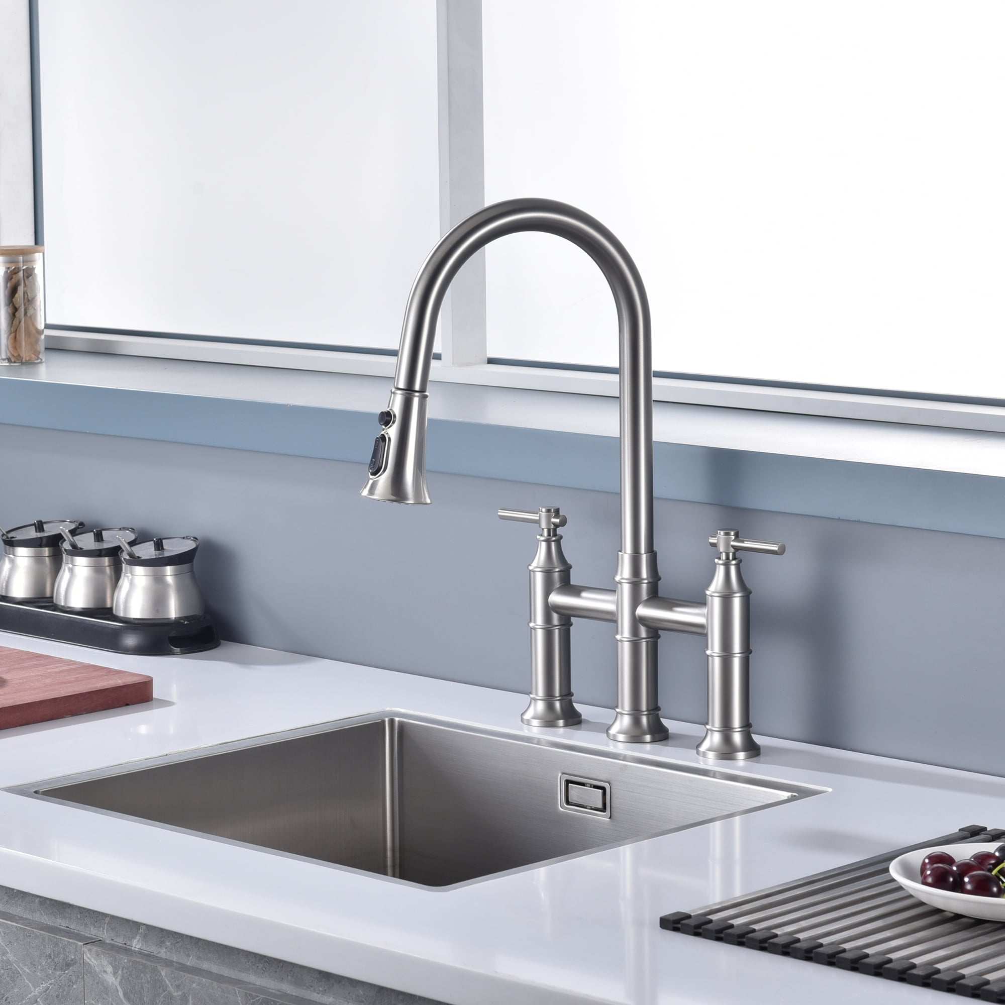 SUMERAIN 2-Handle Bridge Kitchen Faucet with Pull Down Sprayer, 3 Hole Kitchen Sink Faucet Stainless Steel, Brushed Nickel