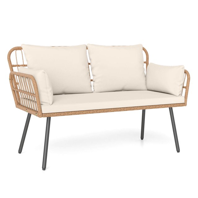 Costway Patio Wicker Loveseat Furniture with Seat Back Cushions, Heavy-Duty Metal Legs Off-White