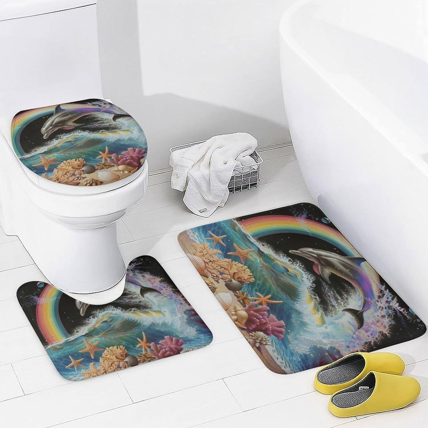 4Pcs Colorful Ocean Dolphin Shower Curtain Sets, Bathroom Decor Set with Rugs, Bath Mat Sea Shell Rainbow Shower Curtain, 72 X 72 Inch