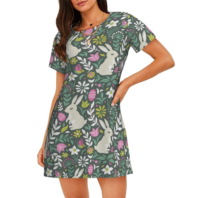 Saiise Chemise de Nuit Rétro à Motif Floral Lapin pour Femmes à Manches Courtes Col Rond Mignonne Robe de Nuit à Volants Confortable