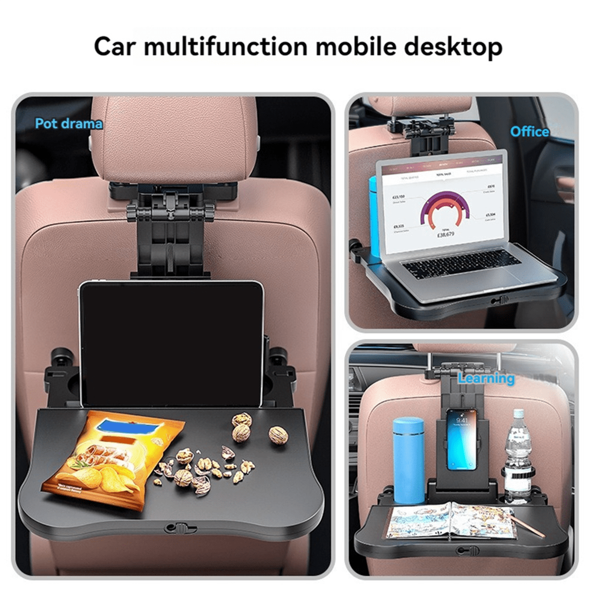 Car Back Seat Tray Desktop is Stable, for Rear Passengers to Eat and Work, Adjustable Travel Tray