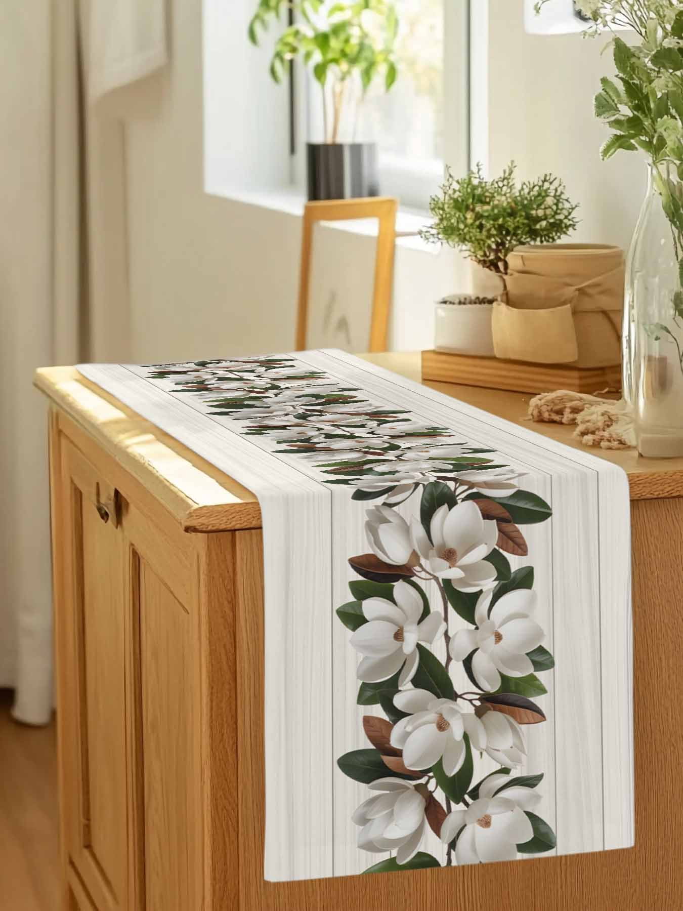 Magnolia Plant Flower Table Runner 90 Inches Long, Farm Vintage Wood Grain Table Runners Tabletop Scarf Kitchen Dining Tables Decoration for Home Party Indoor Outdoor