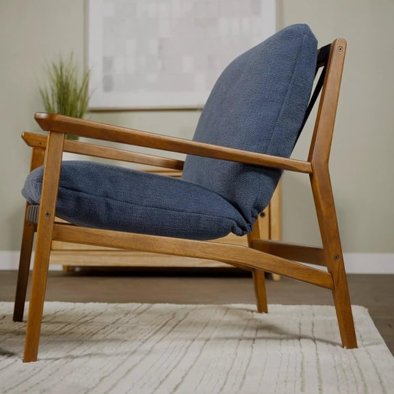 Grain Wood Furniture Solid Wood Mid Century Lounge Chair with Indigo Blue Cushions