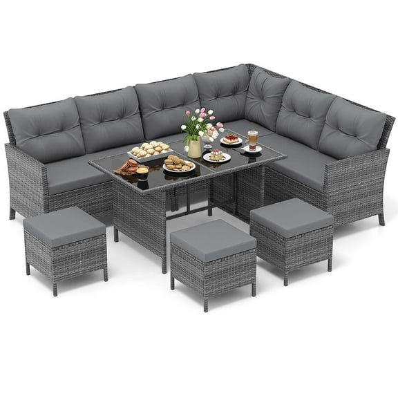 Gymax Set of 7 Dining Furniture Set PE Rattan Sectional Sofa Set Patio Gray