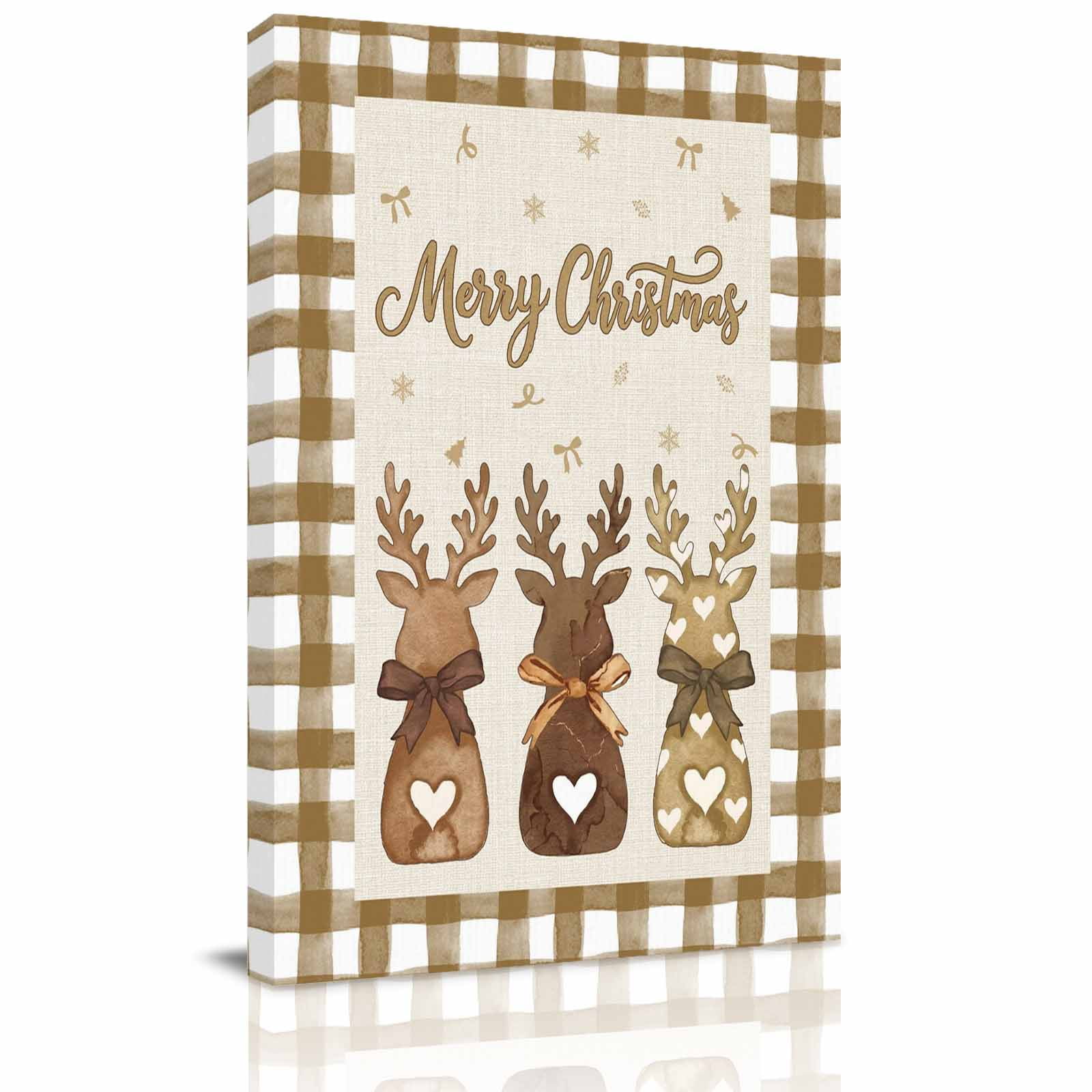 Canvas Wall Art Merry Christmas Framed Canvas Prints for Bedroom Bathroom Xmas Elk Cute Snowflake Winter Brown Plaid Gallery Wrapped Wall Decor for Home Office Gifts 11 x14 Ship Next Day