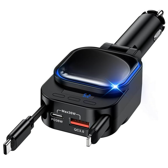 ZHENYEMEI Retractable Car Charger, 96W Car Charger Fast Charging, 4 in 1 Fast Charging with 2 Retractable Cables and 2 USB Ports, Car Charger Adapter with Voltage Detection, for Cars Trucks