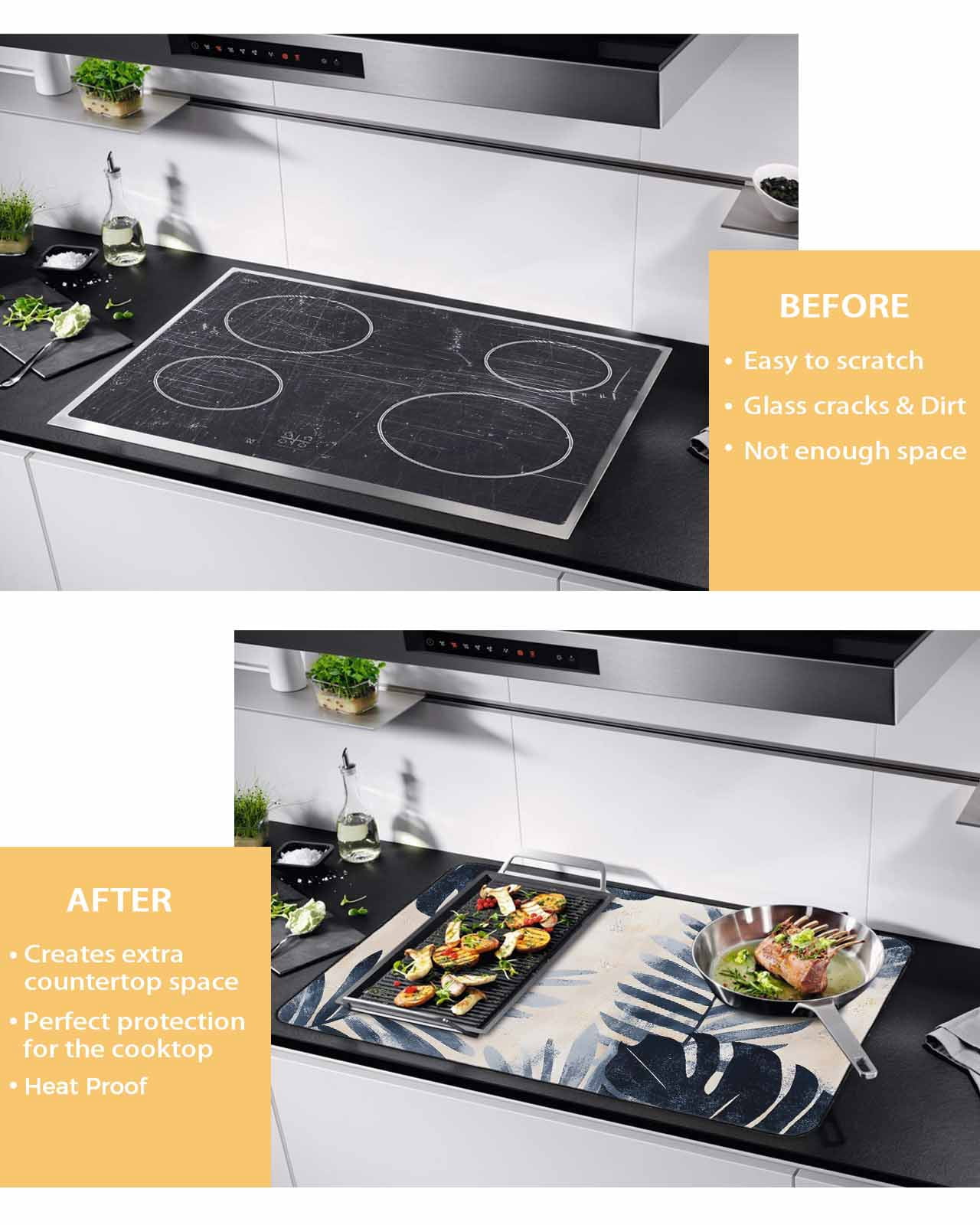 nqOlkjepod Large Induction Cooktop Protector Mat 24"x21", Navy Blue Palm Leaves Stove Top Covers for Electric Stove, Tropical Botanical Retro Stove Burner Cover Mats, Glass Top Stove Cover