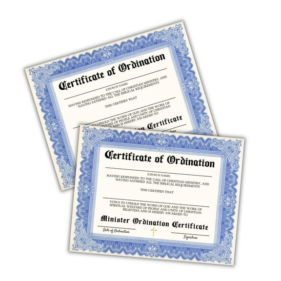 Certificate or Ordination for Minister 30pk 8.5x11 Blue Ministry Recognition Online Church Catholic Christian Deacons to Frame Clergy New Member