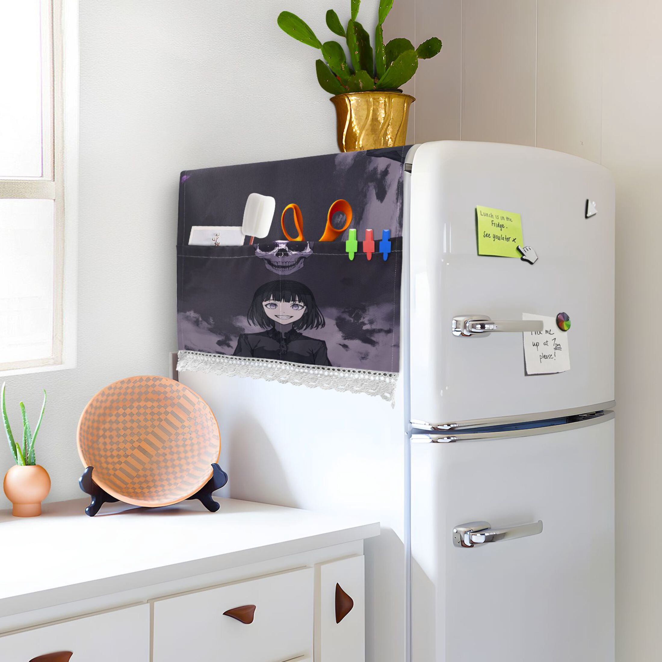 Death GirlWasher and Dryer Covers Dust-Proof and Oil Resistant Fridge Cover with 4 Storage Pockets Washing Machine Top Cover for Laundry Kitchen Home 51.2 x 22 In