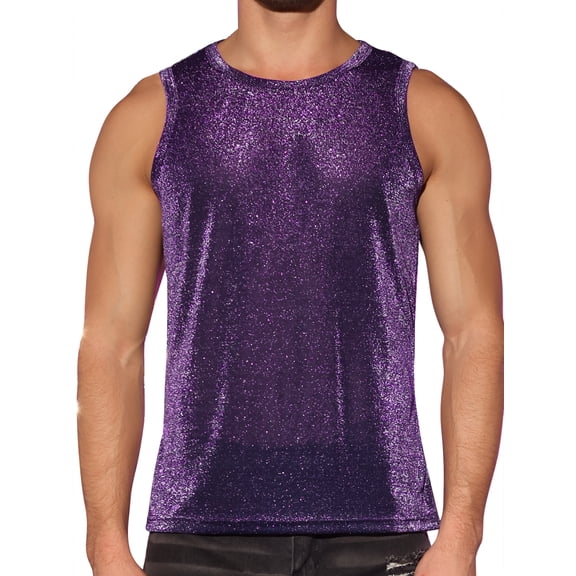 DARING DIVA Men's Glitter Tank Top Slim Fit Sleeveless Disco See Through Sparkly Vest S Purple