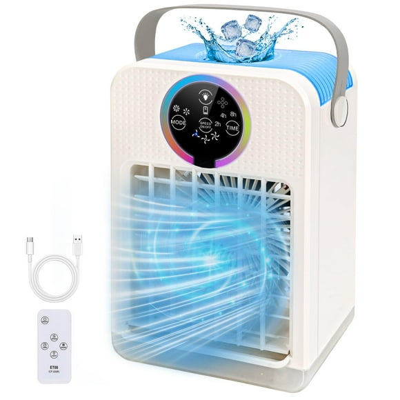 Aires acondicionados portátiles 4 en 1, humidificador enfriador de aire de CA evaporativo de 700 ml con 3 velocidades, luz de 7 colores y temporizador de 2 ~ 8 h, mini acondicionador personal, ventila