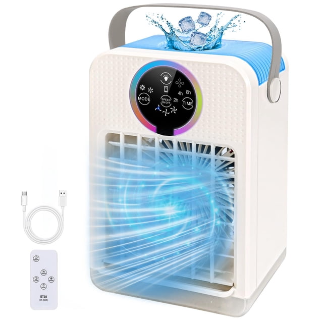 Aires acondicionados portátiles 4 en 1, humidificador enfriador de aire de CA evaporativo de 700 ml con 3 velocidades, luz de 7 colores y temporizador de 2 ~ 8 h, mini acondicionador personal, ventila