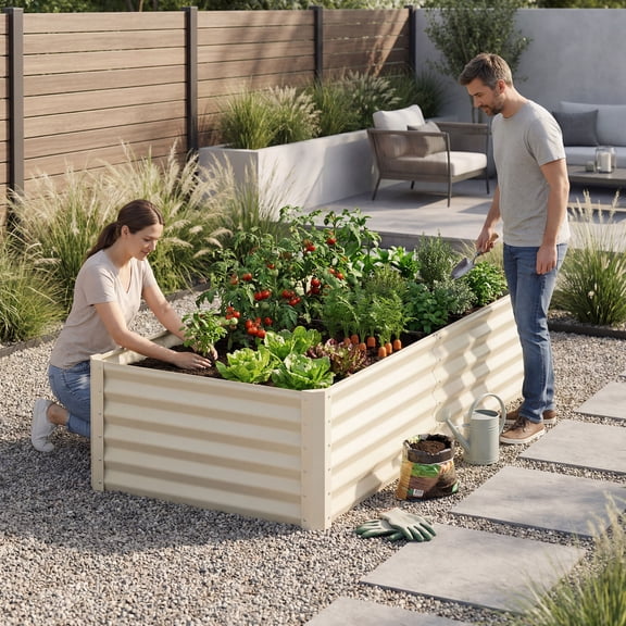 Uforic 6x3x2ft Galvanized Metal Raised Garden Bed Kit, Outdoor Planter Box with Gloves & Support Rod for Vegetables Flowers, Cream White