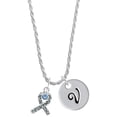 thumbnail image 1 of Delight Jewelry Silvertone Scroll Ribbon with Light Blue Crystal Silvertone Script Initial Disc - V - Charm Necklace, 20"+3", 1 of 4