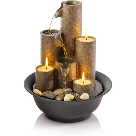 Indoor Tabletop Tiered Water Fountain Featuring 3 Candles for Desktop and Table, 11", Brown