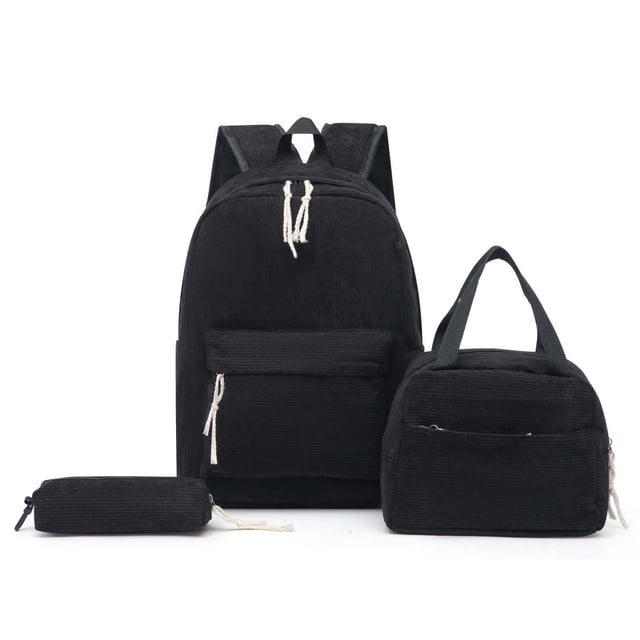 GPOECD Stylish and Functional Corduroy 3 Piece School Backpack Set for Students Including Shoulder Tote Bag School Backpack Black,One Size