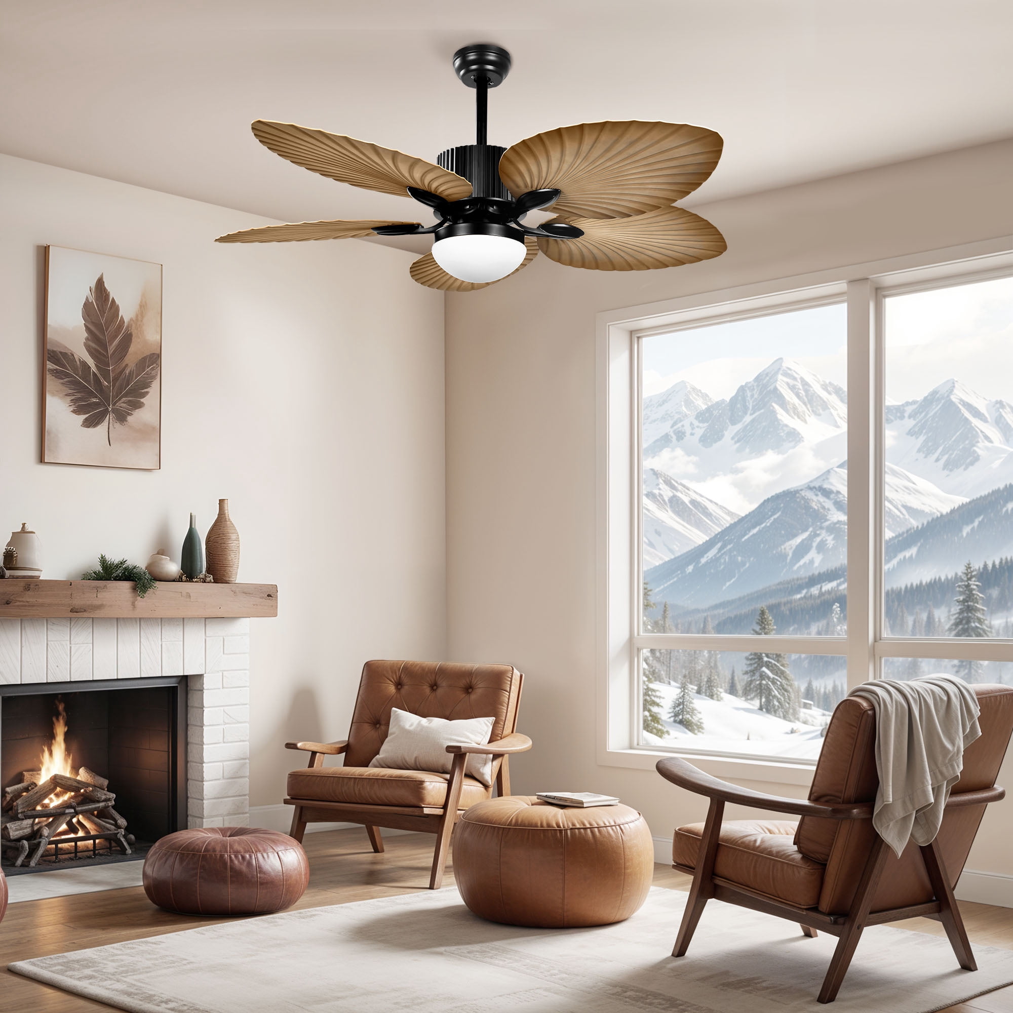ModFusion 52-inch Tropical Coastal Ceiling Fan with LED Light & Remote, Quiet Reversible DC Motor, 5 Palm Blades, Brown
