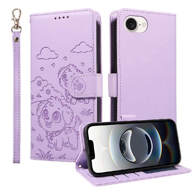 Funda Cartera GANGXUN con Diseño de Perrito en Relieve para iPhone 16e , Protección 360° con Ranuras y Correa Desmontable