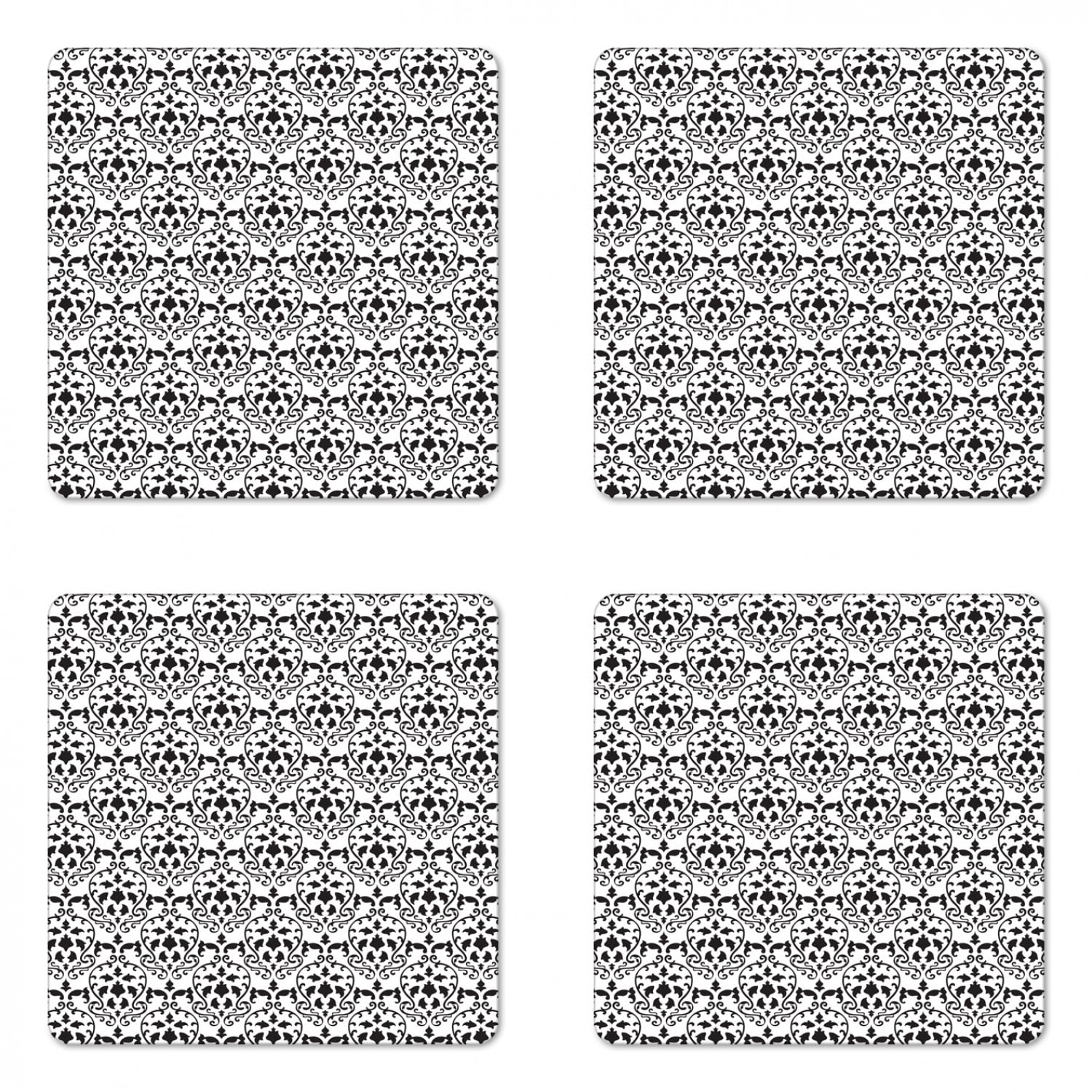 Abstract Coaster Set of 4, Rhythmic Damask Motifs Ivy Botany Adornments Print on Plain ...